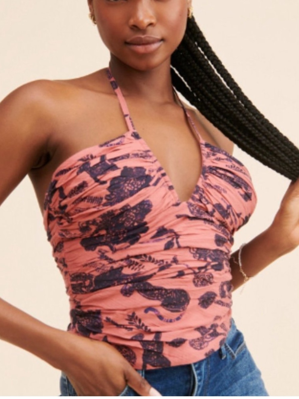 Anthropologie pink and navy ruched halter top size 10 medium